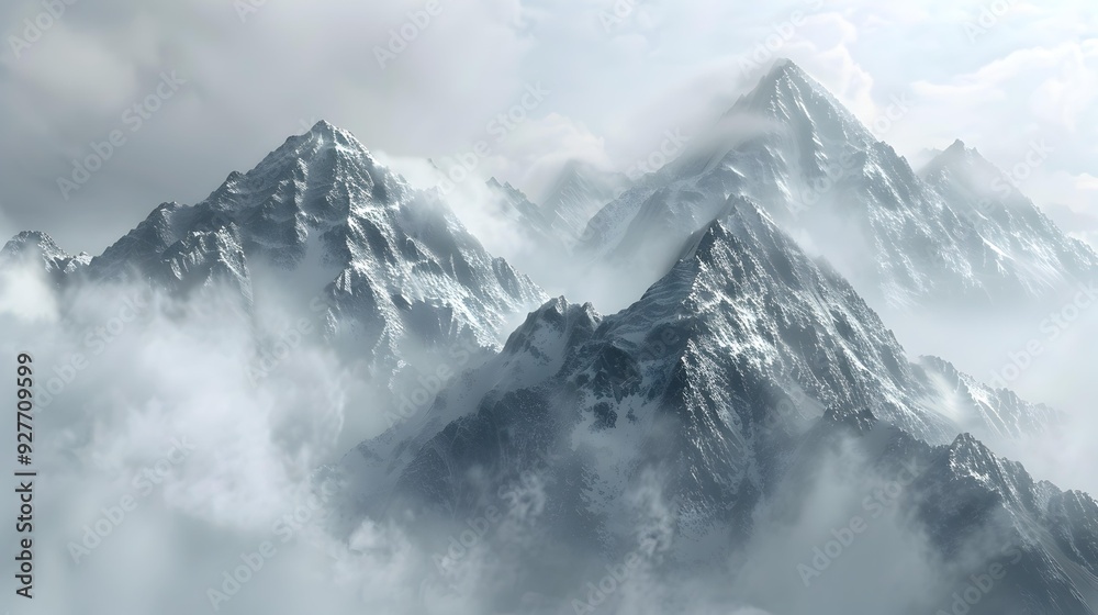 Obraz premium The misty peaks surrounded by thick clouds