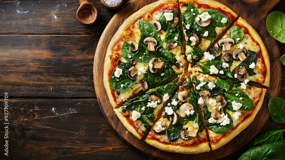 A vegetarian pizza with a thin crust, topped with spinach, mushrooms, and feta cheese, served on a rustic table. Ai generated A vegetarian pizza with a thin crust, topped with spinach, mushrooms, and feta cheese, served on a rustic table. Ai generated