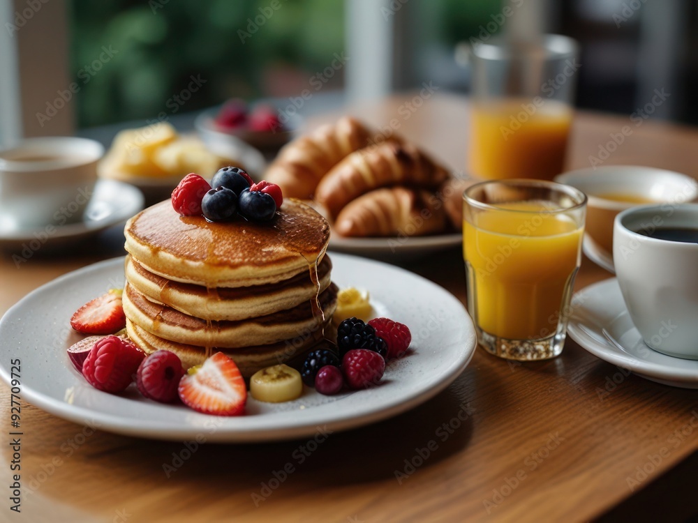 Pancakes with Fresh Berries and Orange Juice on a Breakfast Table Pancakes with Fresh Berries and Orange Juice on a Breakfast Table