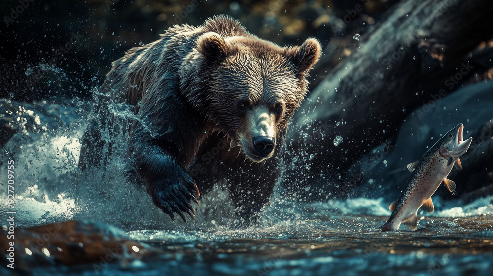 Bear chasing salmon in a stream Bear chasing salmon in a stream