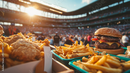 A vibrant baseball stadium filled with cheering fans and delicious ballpark food including burgers, fries, and chicken, with the excitement of the game creating a dynamic background. Ai generated