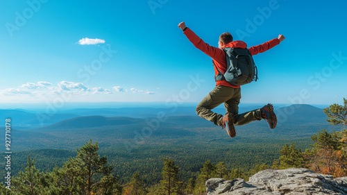 A victorious young hiker leaping with joy on a high mountain peak. The image captures the essence of success and freedom, with expansive forest trails and a clear blue sky. Ai generated
