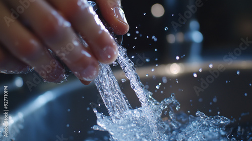 A visually appealing close-up of a hand turning on a tap, with sparkling clean water emerging, emphasizing the value of every drop. Ai generated