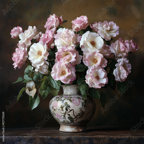 A charming display of colorful roses arranged in a rustic Japanese Zen-style vase on the colorful background