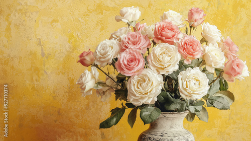 A charming display of colorful roses arranged in a rustic Japanese Zen-style vase on the colorful background photo