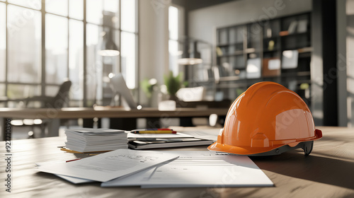 Architectural workspace with hard hat and project papers in sunlit office