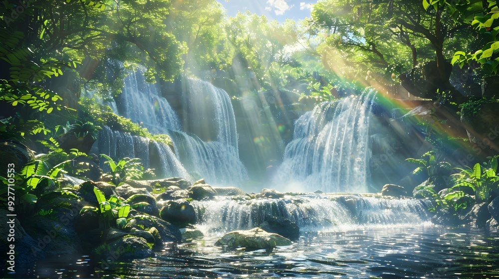 Fototapeta premium Loud waterfall falling from a height among rocks