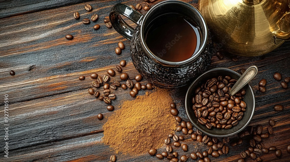 A warm coffee scene featuring a cup, coffee beans, and ground coffee on a rustic wooden table. A warm coffee scene featuring a cup, coffee beans, and ground coffee on a rustic wooden table.