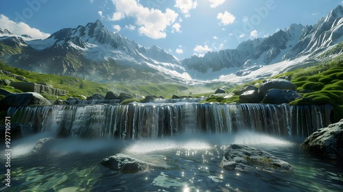 A small waterfall flowing down the mountain image