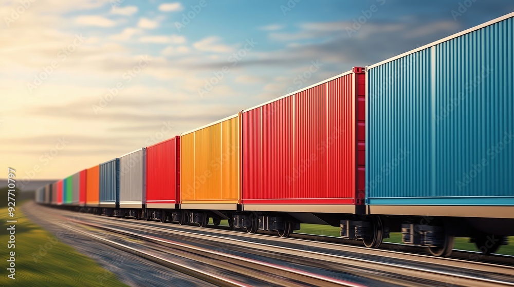 Fototapeta premium Freight train, containers in motion, countryside, 3D illustration