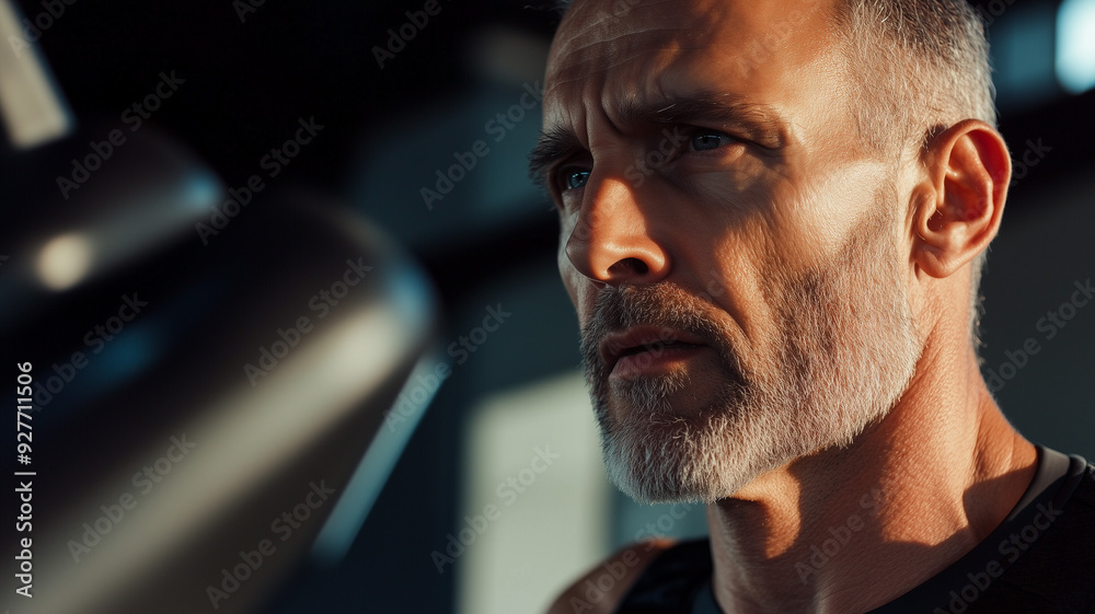 Close-up of a mature male runner on a treadmill, sweating and focused on his workout, representing dedication to health in later years. Ai generated Close-up of a mature male runner on a treadmill, sweating and focused on his workout, representing dedication to health in later years. Ai generated