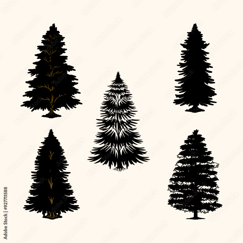 Fototapeta premium Set of pine trees, spruce, cedar silhouettes vector