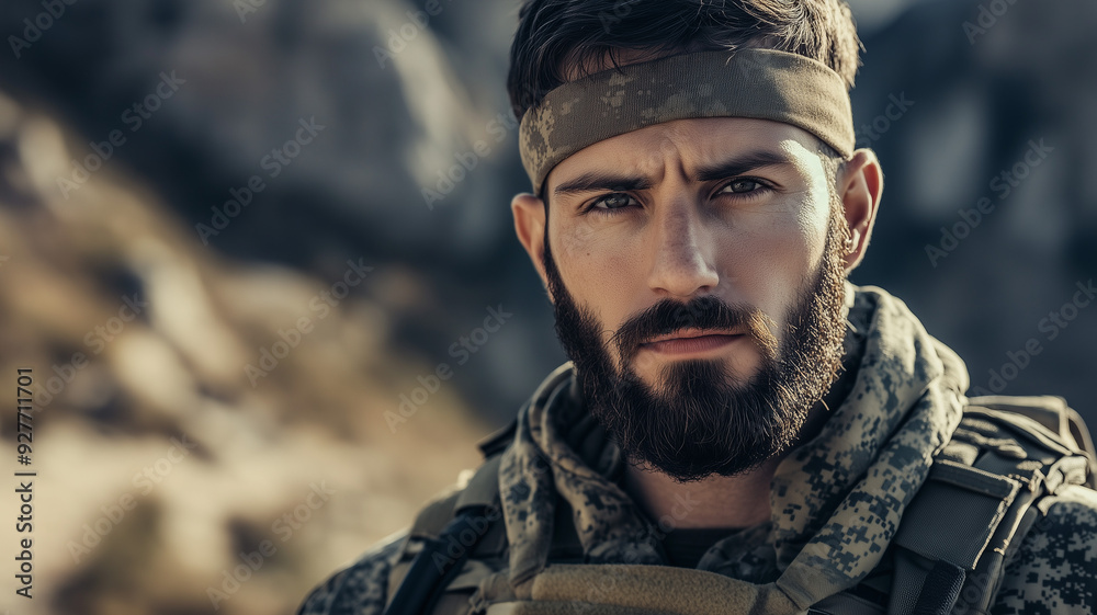 Close-up of a soldier with a determined expression, standing proudly against a rugged mountain backdrop. Ai generated Close-up of a soldier with a determined expression, standing proudly against a rugged mountain backdrop. Ai generated
