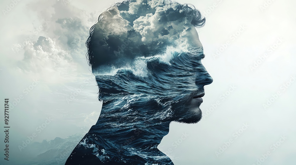 A surreal double exposure of a man's silhouette blending with turbulent ocean waves and stormy clouds, symbolizing inner turmoil. A surreal double exposure of a man's silhouette blending with turbulent ocean waves and stormy clouds, symbolizing inner turmoil.