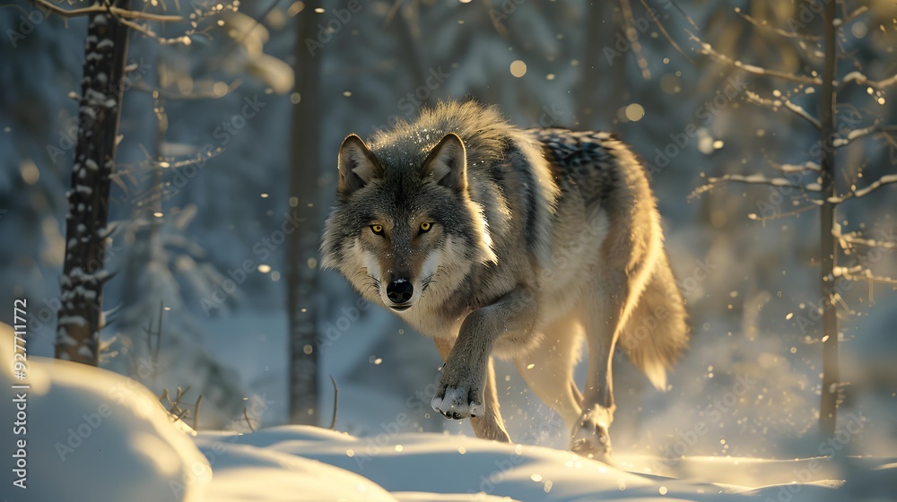 Obraz premium Wolf running through a snowy forest against