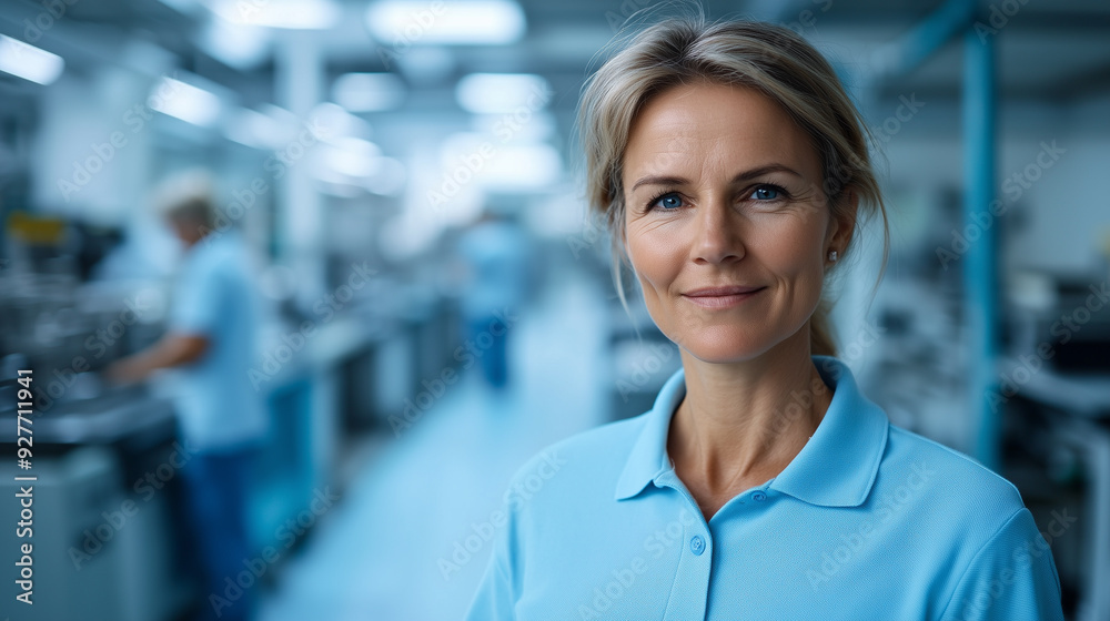Obraz premium Portrait of a female owner of a factory smiling in her factory with her employees working in the background