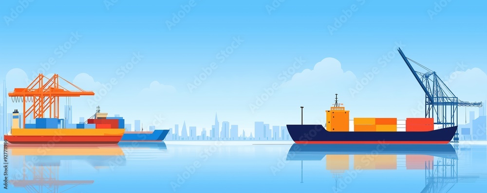 Harbor view, cargo ships and cranes, flat design illustration Harbor view, cargo ships and cranes, flat design illustration