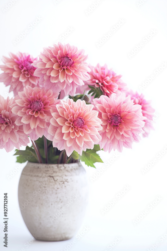 A charming display of colorful Dahlias arranged in a rustic Japanese Zen-style vase on the colorful background A charming display of colorful Dahlias arranged in a rustic Japanese Zen-style vase on the colorful background