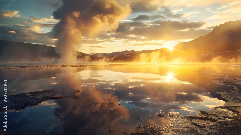 Fototapeta premium Sunrise rays illuminate the geyser creating golden reflections