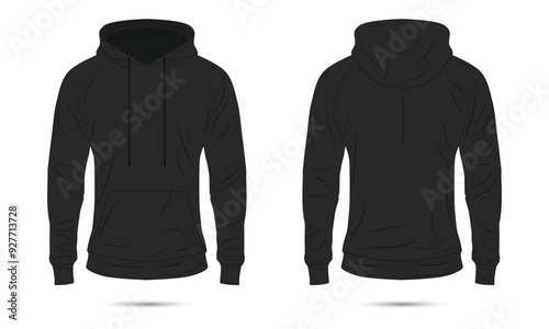 Black hoodie sweater mockup front and back view. Vector illustration