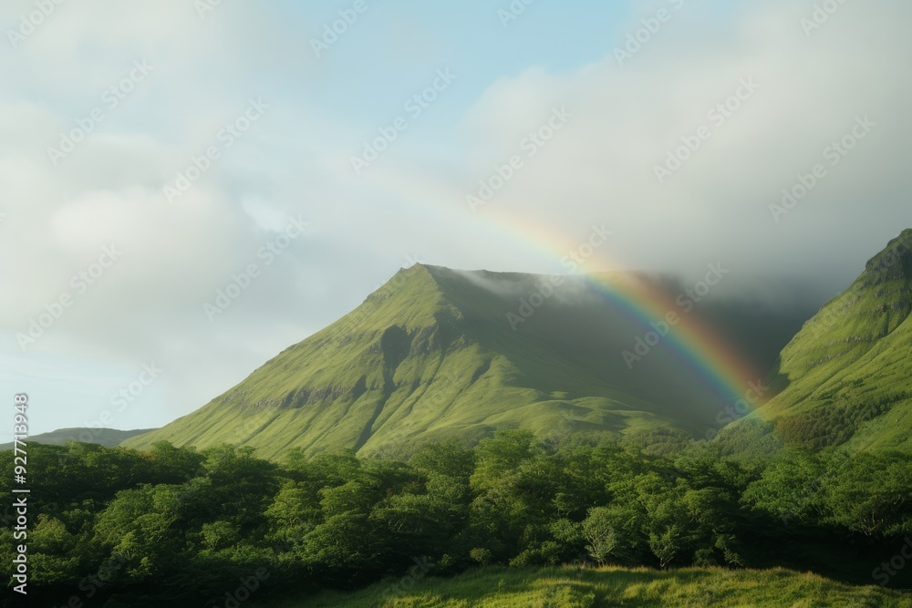 Majestic green mountains with a rainbow in the sky. Majestic green mountains with a rainbow in the sky.