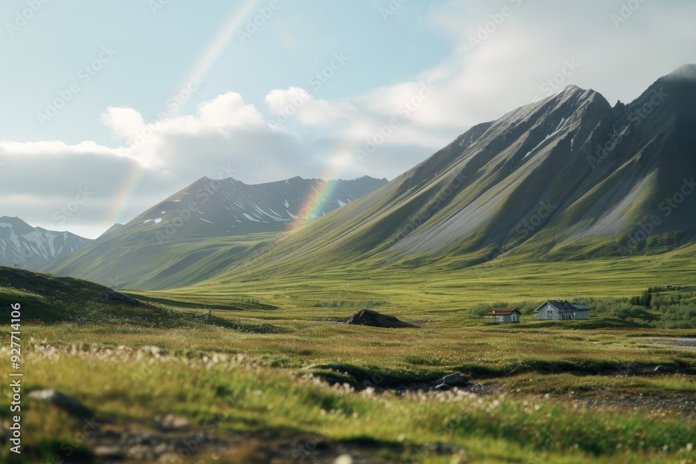 Majestic green mountains with a rainbow in the sky. Majestic green mountains with a rainbow in the sky.