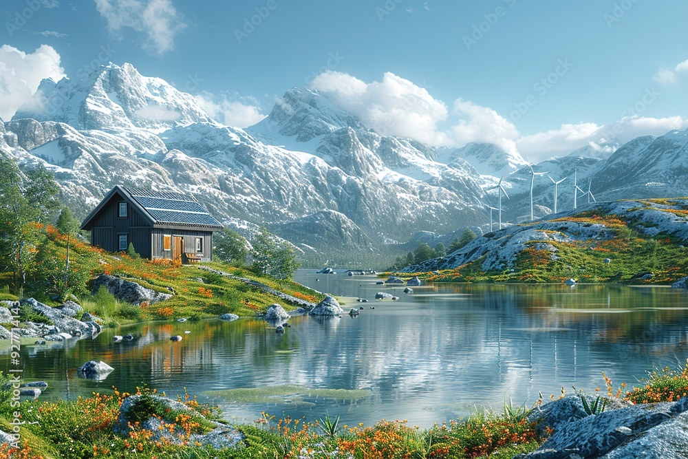 Fototapeta premium A beautiful landscape with a small cabin and a lake