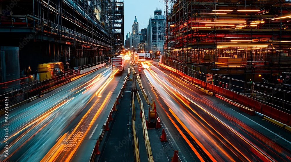 Obraz premium Nighttime Urban Street with Construction and Light Trails