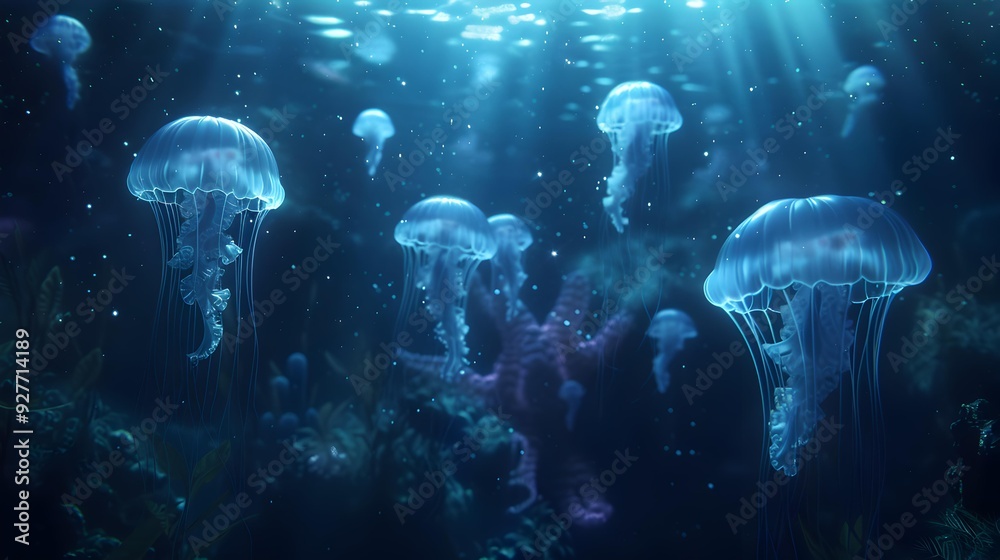 Fototapeta premium Mysterious ocean depths with shimmering jellyfish and swimming