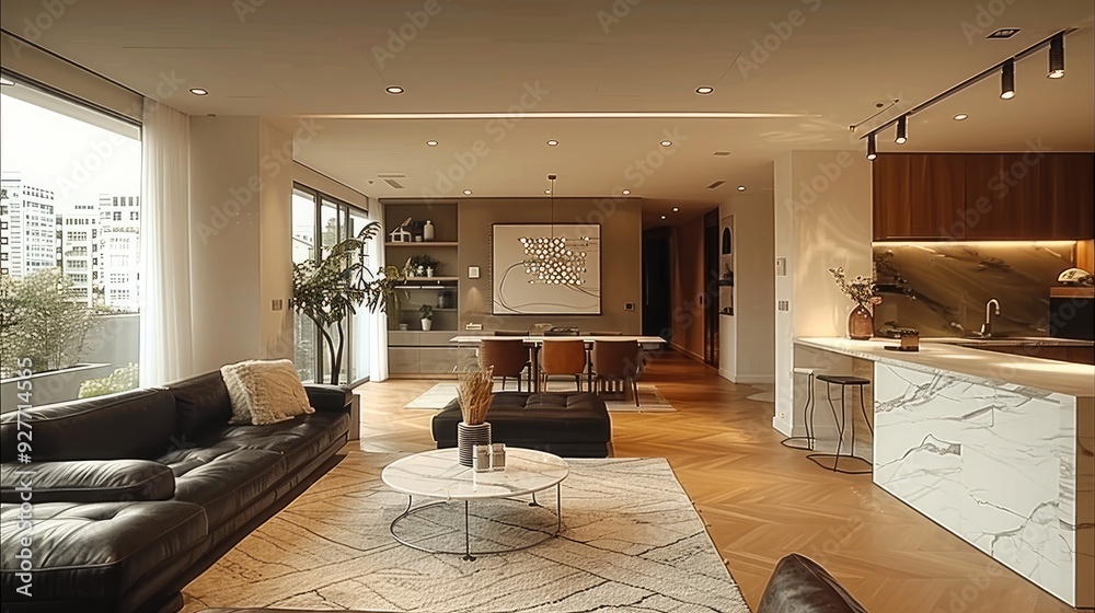 Interior Design, open-plan living room, Brown as the main color, with ...