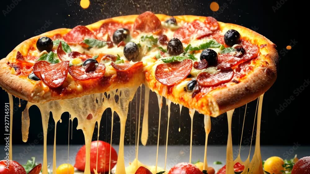 Witness the mouthwatering preparation of a pizza loaded with toppings, as cheese melts and flavors blend in a captivating kitchen atmosphere