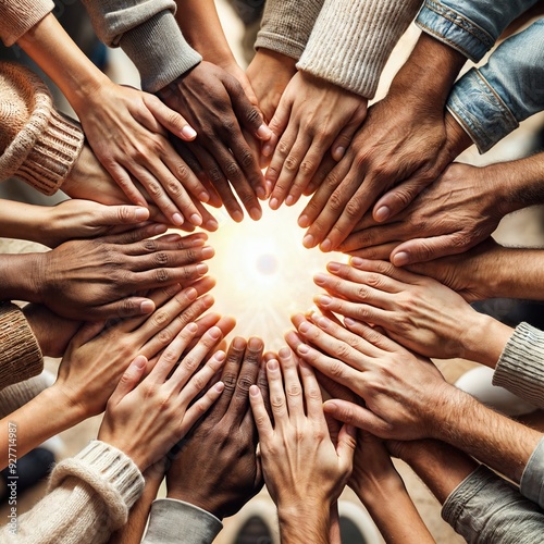 Group of Diverse Hands Coming Together in a Circle photo