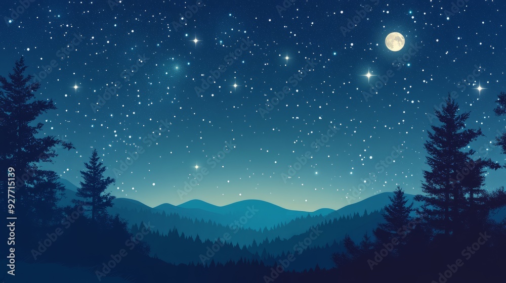 Naklejka premium Constellation scheme collection. Stars in the night sky. Dark starry sky, hills, creppy forest, bright moon. Vector constellation Pyxis
