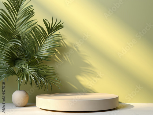 Awesome Abstract background with yellow color, geometric podium and palm tree