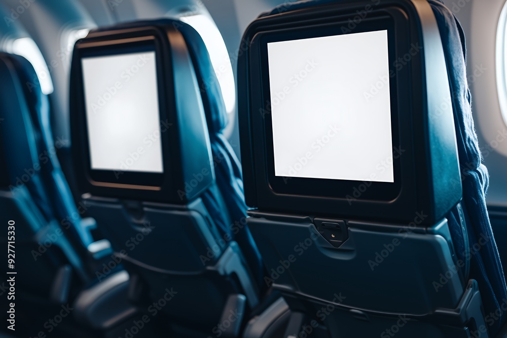 Empty Airplane Seats with Blank Entertainment Screen. Empty Airplane Seats with Blank Entertainment Screen.