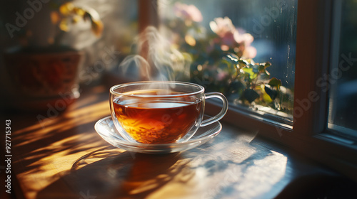 a cup of hot tea on the table side the window