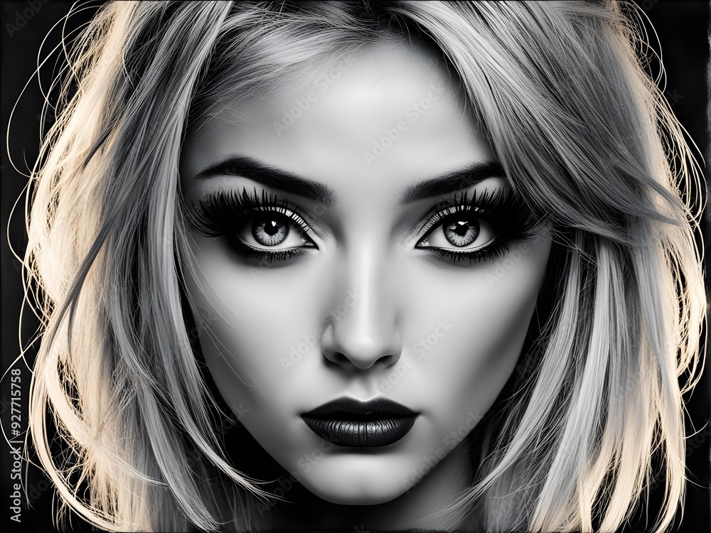 Obraz premium Black and white closeup backlit portrait of young girl long eyelashes and short hair