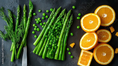 cut green asparagus beans and diced orange carr -- photo