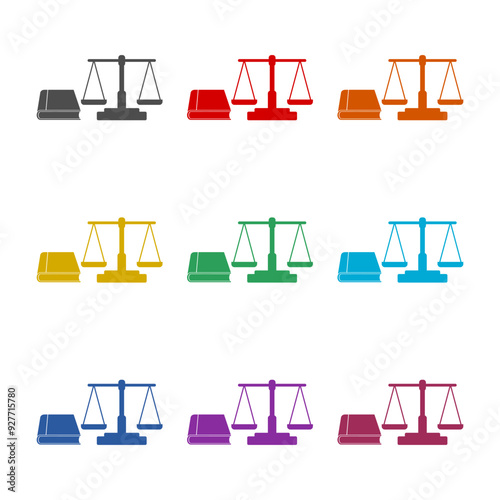 Justice scales and book icon isolated on white background. Set icons colorful