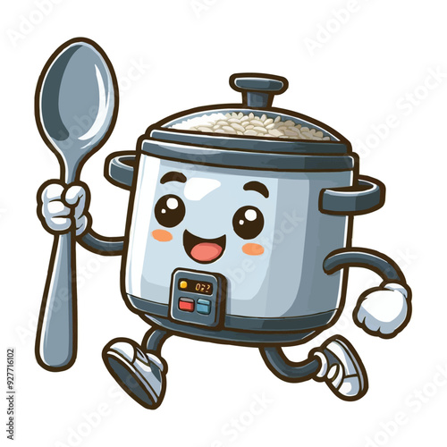 Rice cooker happy and jump handling spoon cartoon character vector