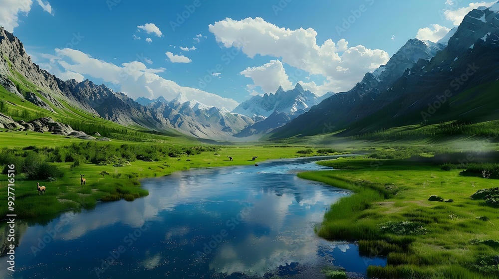 The wide valley is surrounded by high mountains The wide valley is surrounded by high mountains