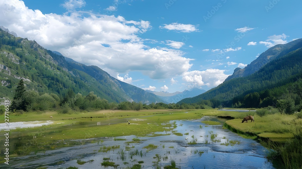 The wide valley is surrounded by high mountains The wide valley is surrounded by high mountains
