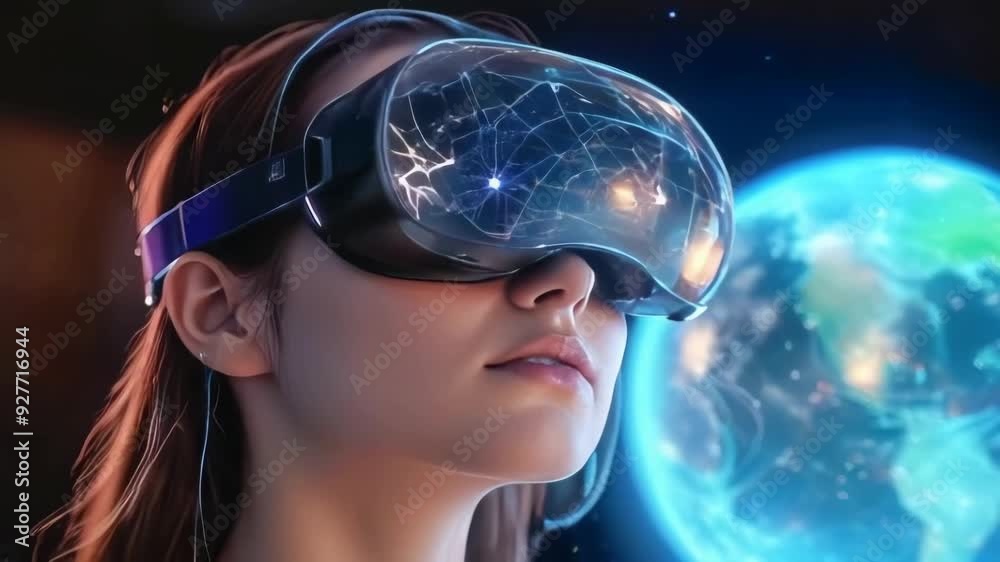 Young woman wearing augmented reality glasses, virtual reality technology Young woman wearing augmented reality glasses, virtual reality technology