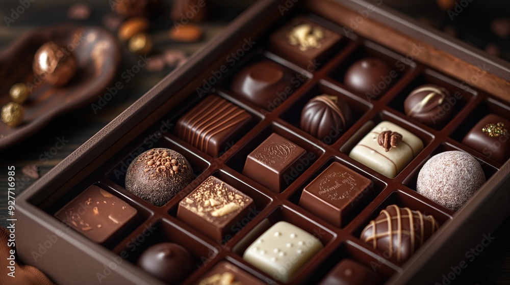 Close-Up of Assorted Gourmet Chocolates in a Box Close-Up of Assorted Gourmet Chocolates in a Box