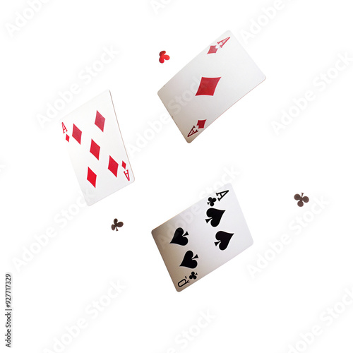 Three aces from a deck of cards flying mid-air, isolated on a  transparent background