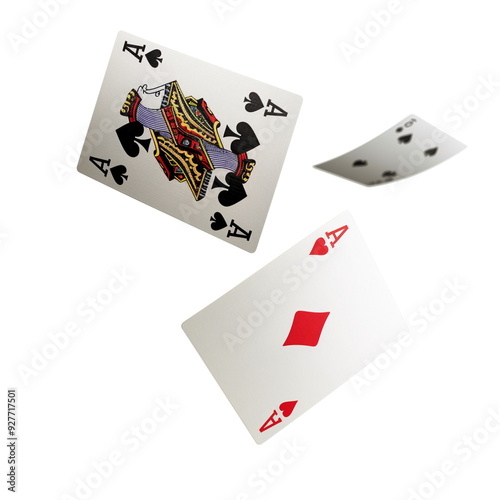 Three aces from a deck of cards flying mid-air, isolated on a  transparent background photo