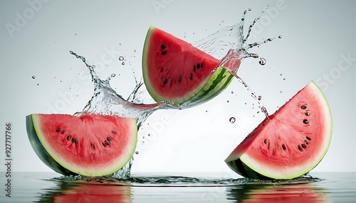 Red slice of watermelon in a splash of water on a blue background8 photo