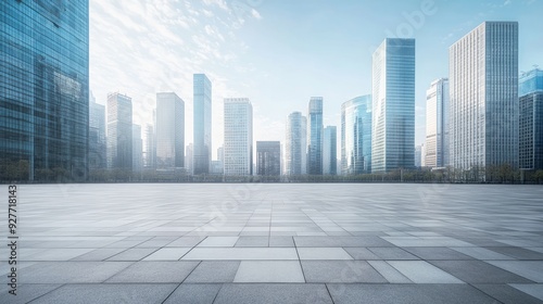 Empty square floor with modern city commercial buildings scenery. Panoramic view. -