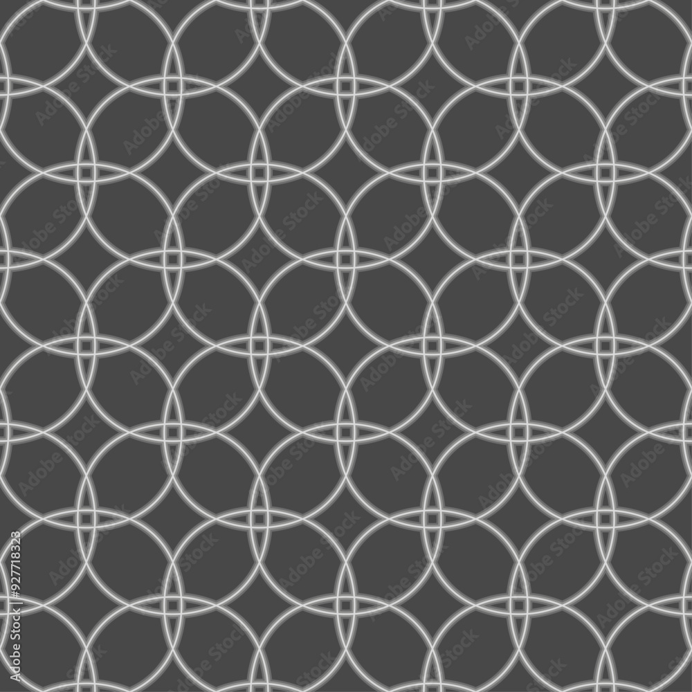 Naklejka premium Seamless geometric pattern, consisting of layered white lines with overlapping circle shapes on a gray background. Suitable for graphic design, interior, textile, printing, etc.