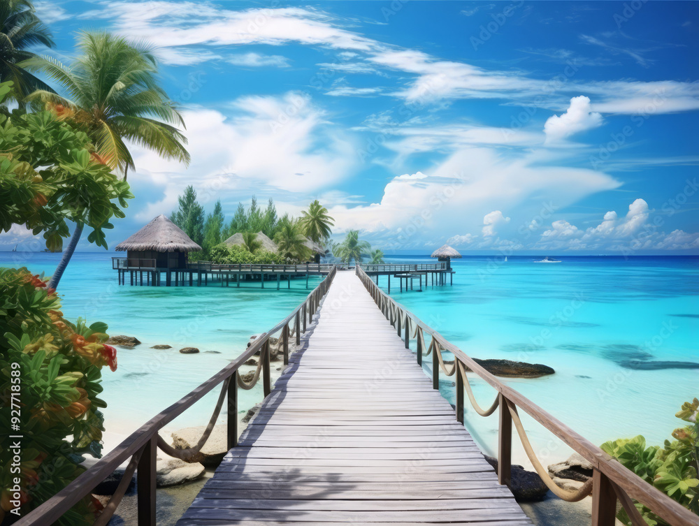Amazing Beautiful water villas in tropical Maldives island at the sunrise time Amazing Beautiful water villas in tropical Maldives island at the sunrise time